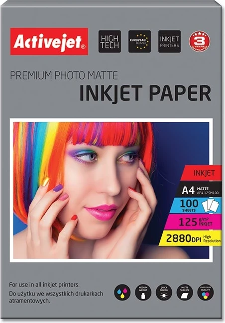 Fotografski mat papir za barvni tiskalnik Activejet AP4-125M100 A4, 100 kosov