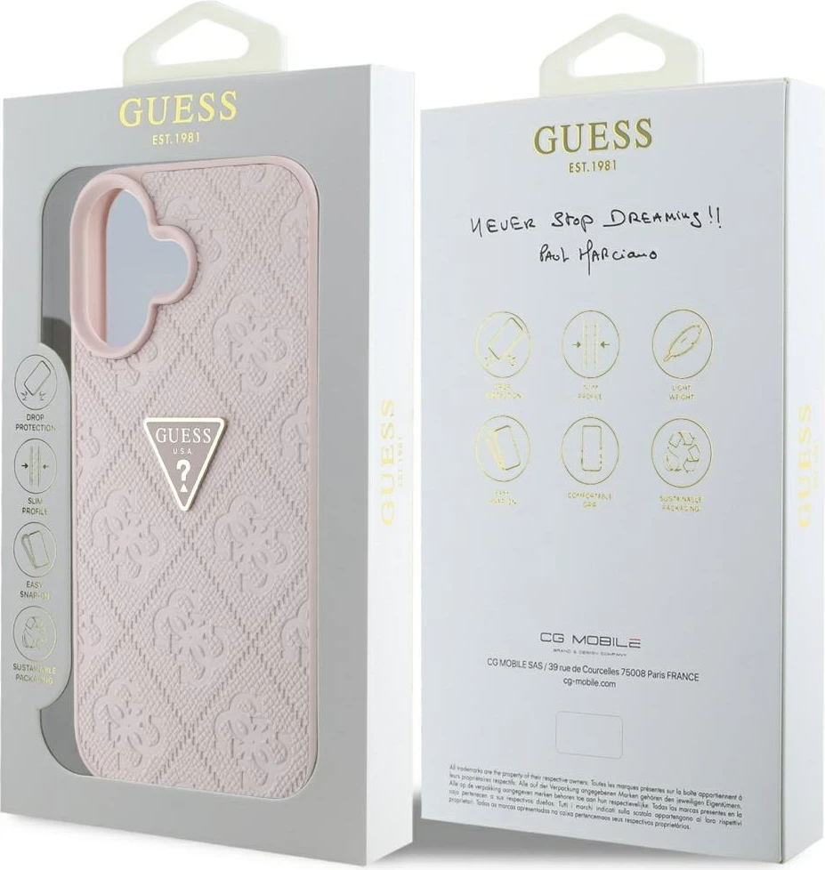Ovitek za telefon Hot Stamp 4G Pattern Triangle z metalnim logotipom Guess za iPhone 16, rožnat