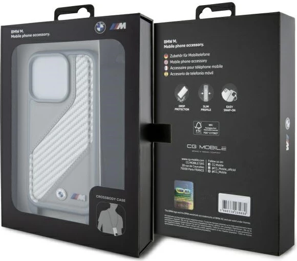 Ovitek z oglavno M-linijo BMW Carbon Stripe & Strap za iPhone 16 Pro, siv