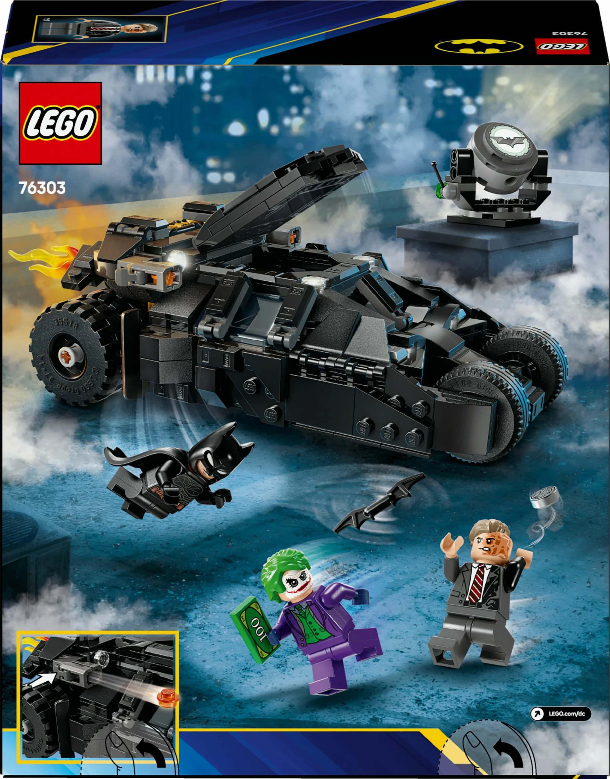 Gradbeni set LEGO DC Super Heroes 76303 Batman Tumbler proti Two-Face & Joker, 429 kosov, večbarven