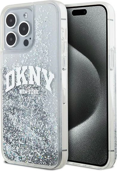 Ovitek za telefon z Liquid Glitter učinkom in velikim logotipom DKNY za iPhone 15 Pro, bel