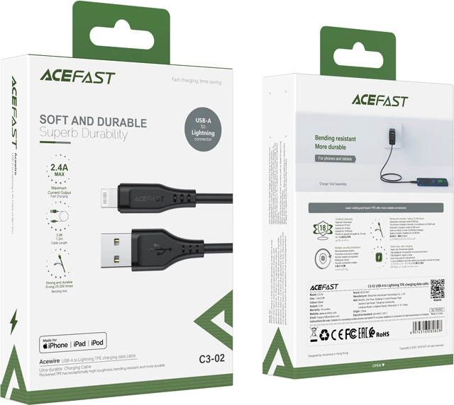 Kabel USB na Lightning Acefast C3-02, 1,2 m, 2,4 A, črn