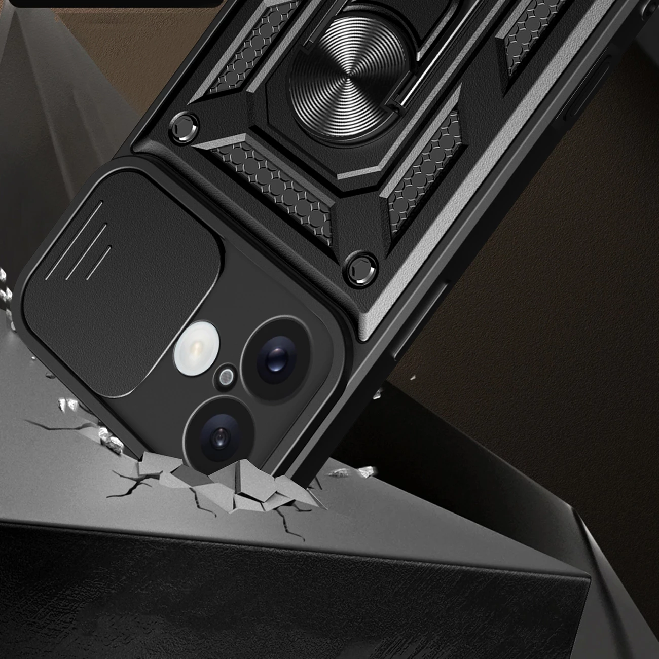 Ovitek za telefon Hybrid Armor Camshield, Hurtel, za iPhone 16, s pokrovom za kamero in stojalom, črn