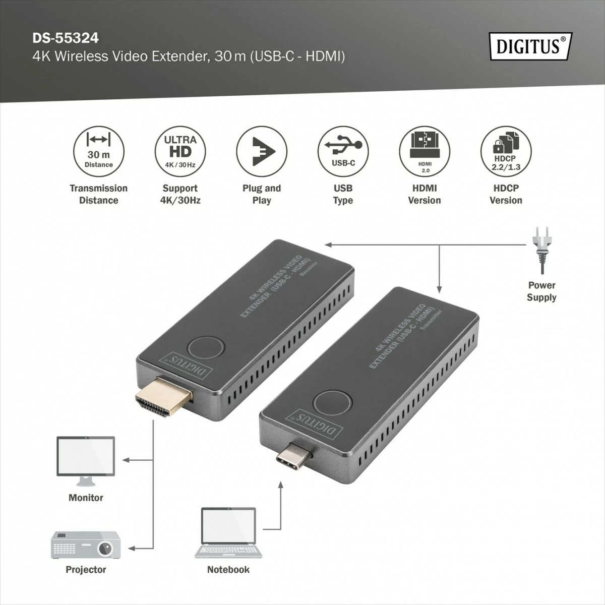 Brezžični HDMI podaljševalnik Digitus DS-55324, UHD 4K, 30 m, USB-C, črno/srebrn