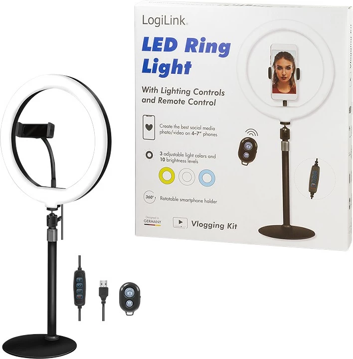 LED obročna luč za vloge in ličenje LogiLink AA0152, držalo za telefon, 700 lm, 17,8 cm, USB