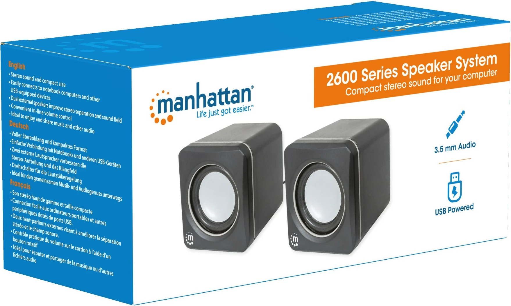 Stereo zvočniki Manhattan 2600 Series, USB, 2x3W, za PC/laptop, črno/sivi
