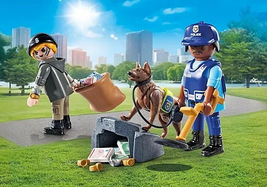 Igralni set s policijsko tematiko Playmobil Action Heroes 71731, policist, tat in sledilski pes, 27 kosov
