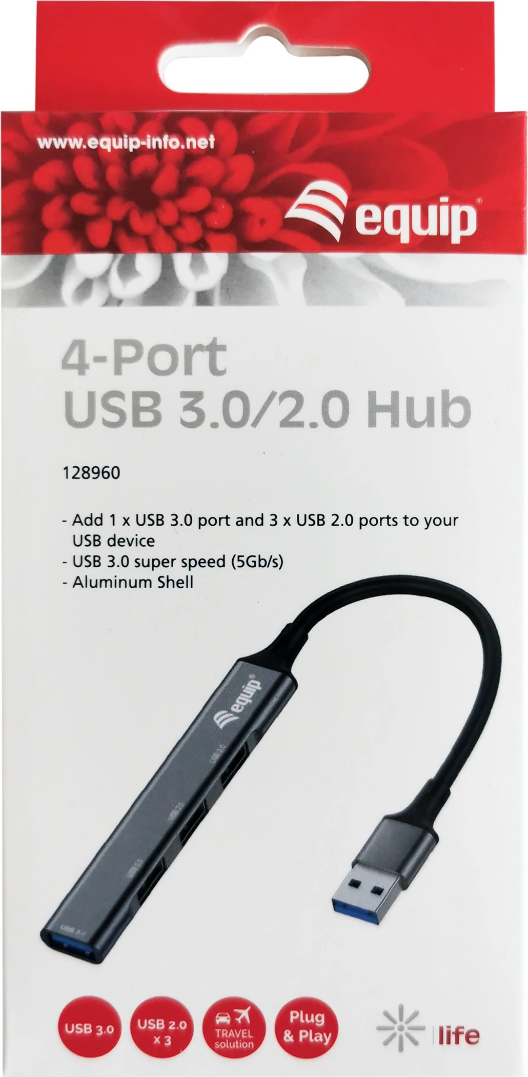 USB razdelilec 4 vhodi, 4-portni USB hub Equip, USB 3.0/2.0, aluminij, 0,15 m, črn, sivi