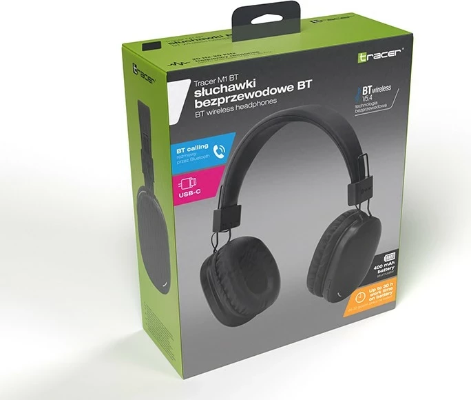 Brezžične slušalke Tracer M1 BT, Bluetooth 5.4, mikrofon, 30 h, USB-C, črne