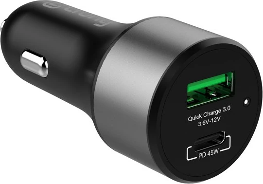 Avtomobilski polnilec CRONG CRG-PWRC-USBC63-BLK, 63W, 1x USB-C PD 45W + 1x USB-A QC 3.0 18W, črn