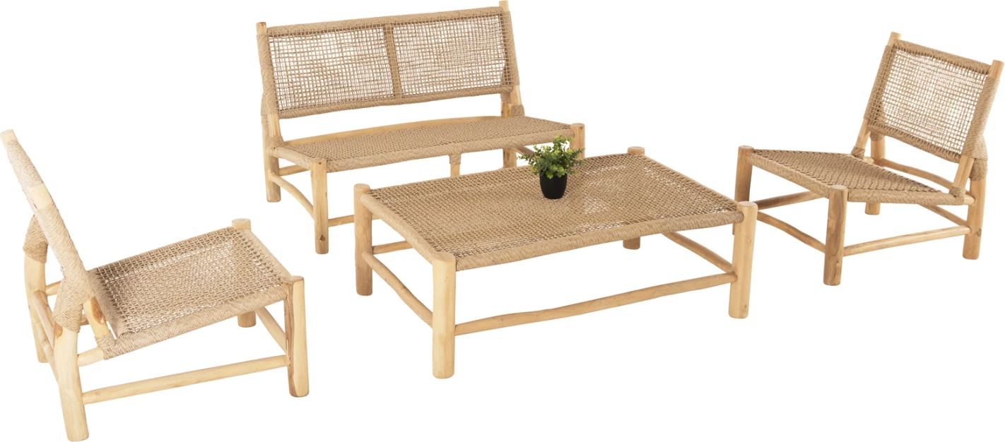 Zunanji 4-delni lounge set LONDER iz masivnega tikovega lesa in sintetičnega ratana v naravni barvi