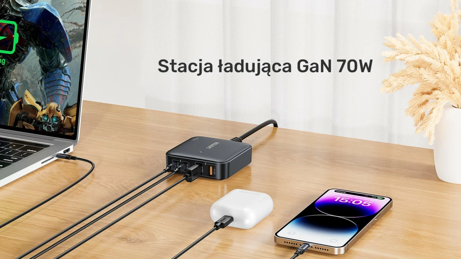 Močnikalni polnilec GaN 70W, 2x USB-A, 2x USB-C, bel Unitek