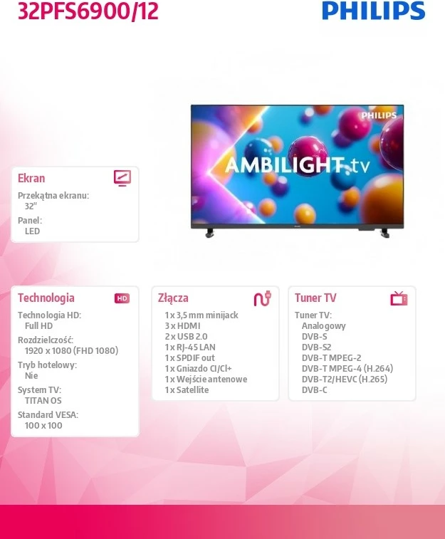 Televizor LED, 32", Full HD, Smart TV, Ambilight Philips 32PFS6900/12