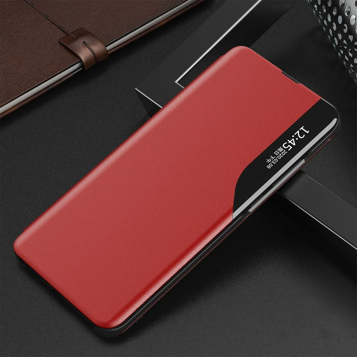 Etui za Samsung Galaxy A73 Hurtel Eco Leather View, pokrov in stojalo, rdeč