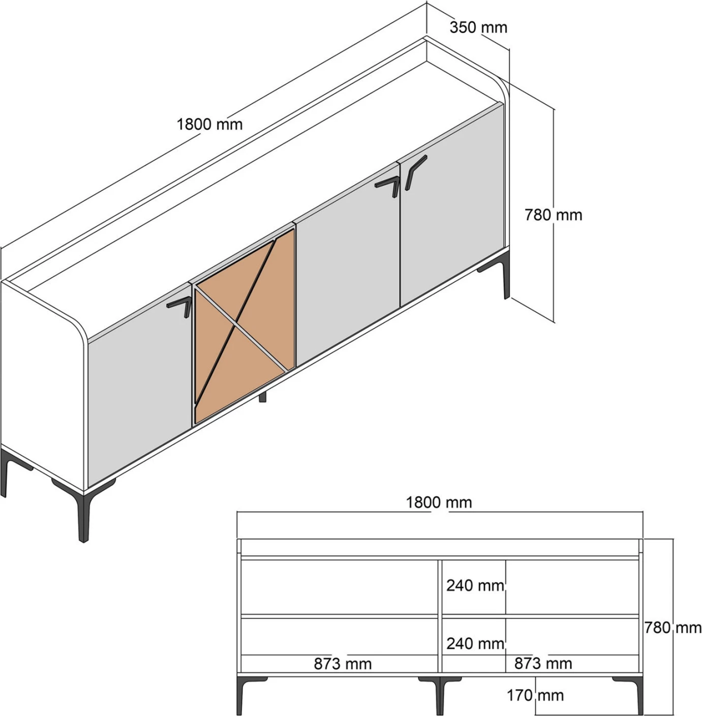 Bife melamin oreh in videz belega marmorja 180x35x78Ηcm.ΗΜ9433.02