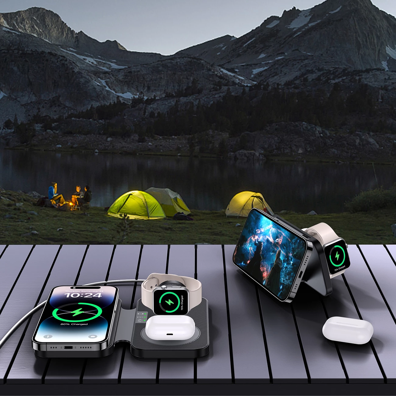 Brezžični polnilec 3-v-1 Choetech T616-F, z LED in USB-C kablom, črn