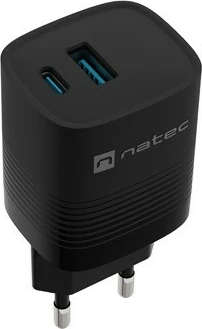 Stenski polnilec 30W, 1x USB-A + 1x USB-C, Natec Ribera GaN, črn