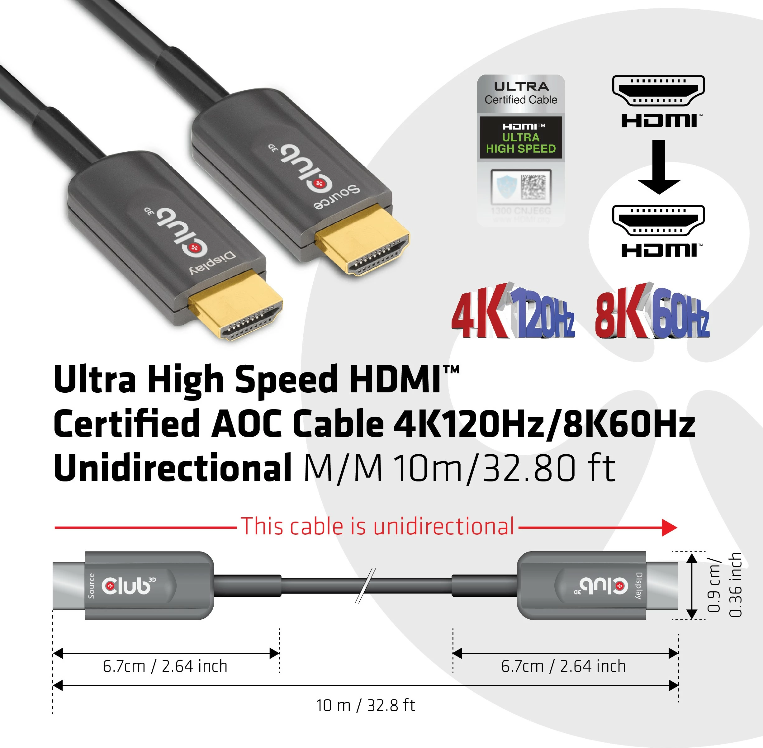 HDMI kabel Club3D 2.1, 10 m, 8K60Hz, črn