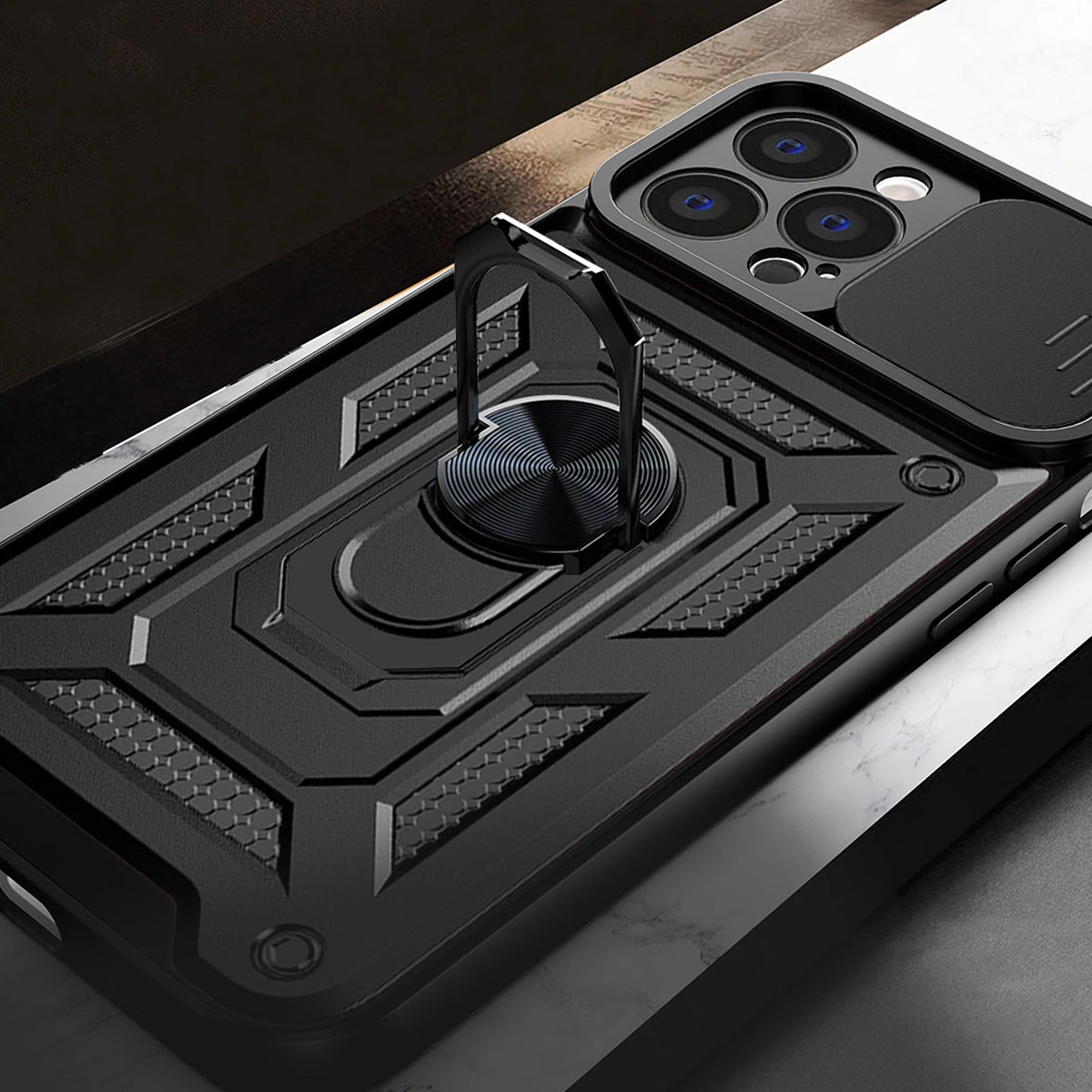 Zaščitni ovitek Hurtel Hybrid Armor Camshield za Realme 10 Pro+, z zaščito kamere, kovinskim obročem, črn