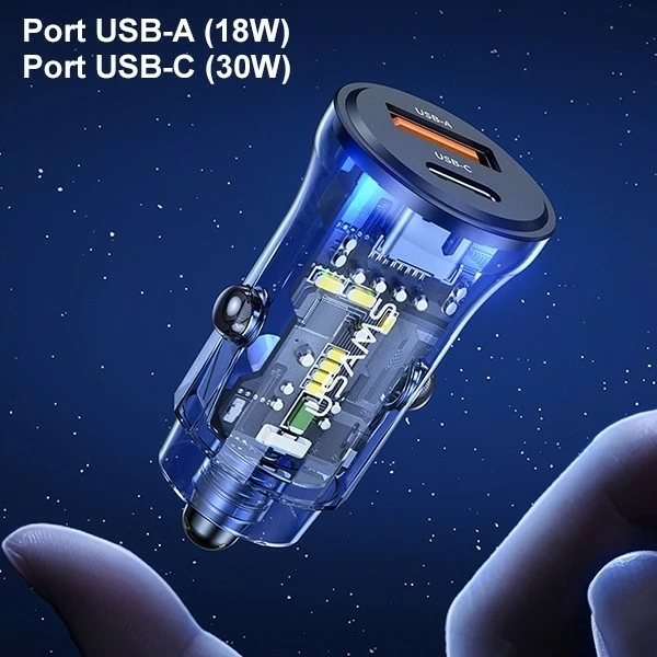 Avtomobilski polnilec USAMS US-CC164 C32, 30W, 1x USB-A, 1x USB-C, črn