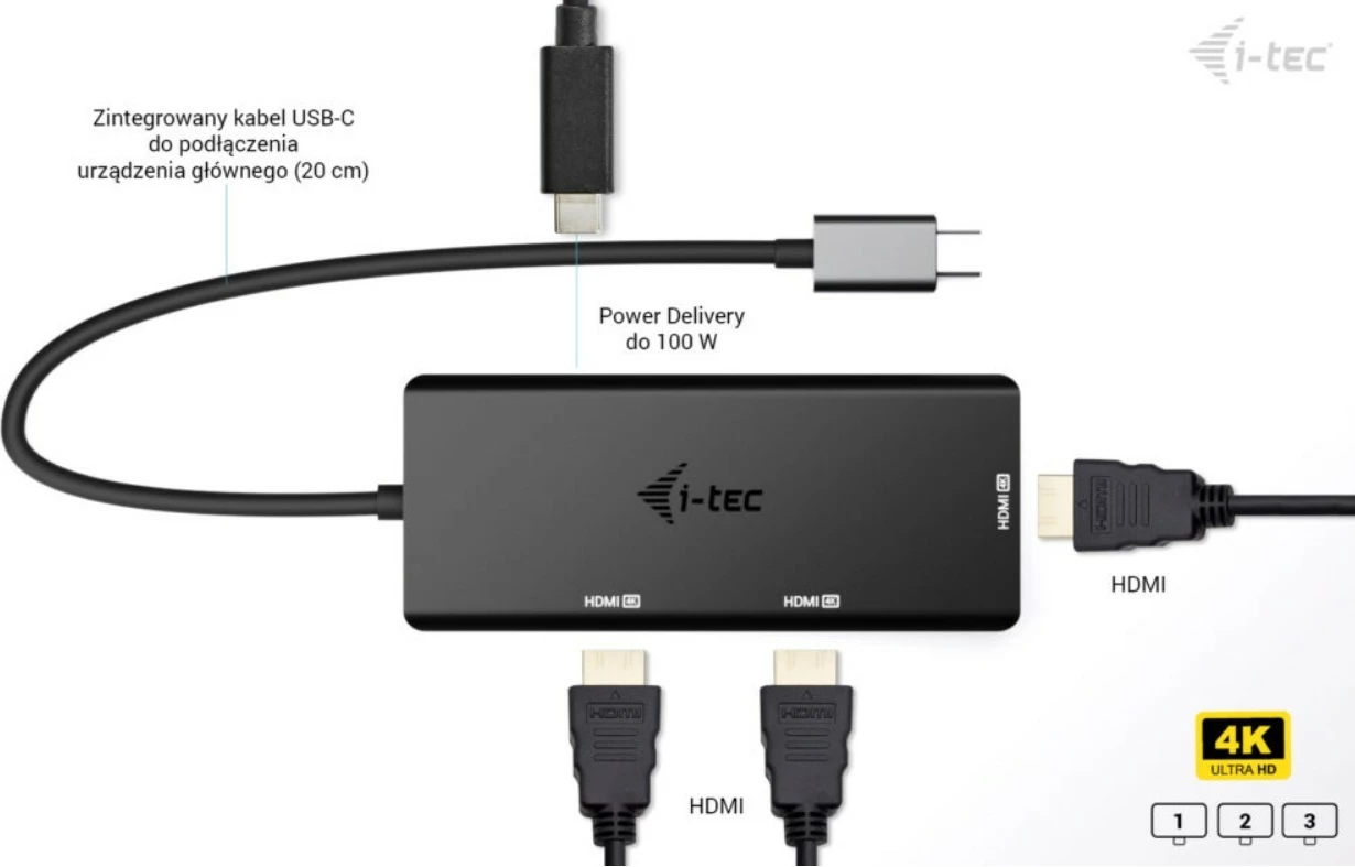 Docking postaja USB-C, i-tec C31TRIPLE4KHDMIPD, 3x HDMI 4K/60 ali 1440p/144 Hz, Power Delivery 100W, kabel 20 cm, črn