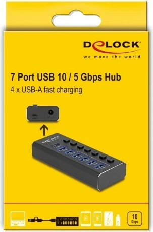 USB razdelilec z 7 vrati, 4x 10 Gbps, 4x hitri polnilec, z gumbi, črn - DeLOCK