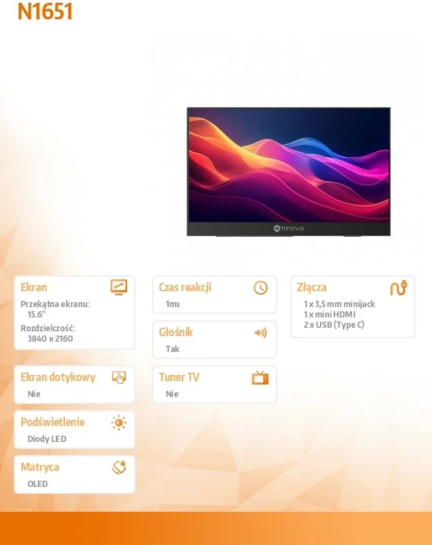 OLED monitor 15,6" AG NEOVO N1651, 4K, USB-C, mini HDMI, črn