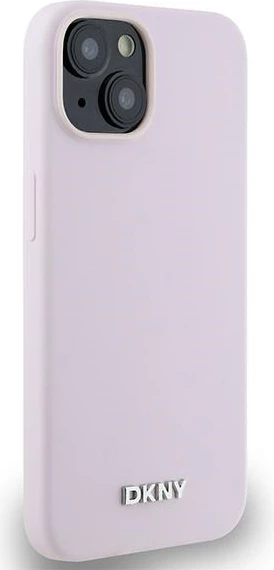 Ovitek iz tekočega silikona z majhnim kovinskim logotipom DKNY MagSafe za iPhone 14/15/13, rožnat