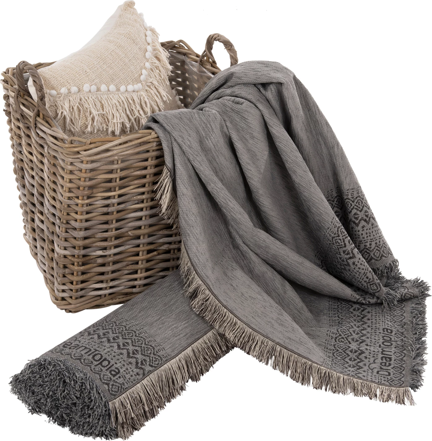 Prevleka za kavč z resicami DREAMTOPIA FH12164.05 v sivi barvi 178x178 cm