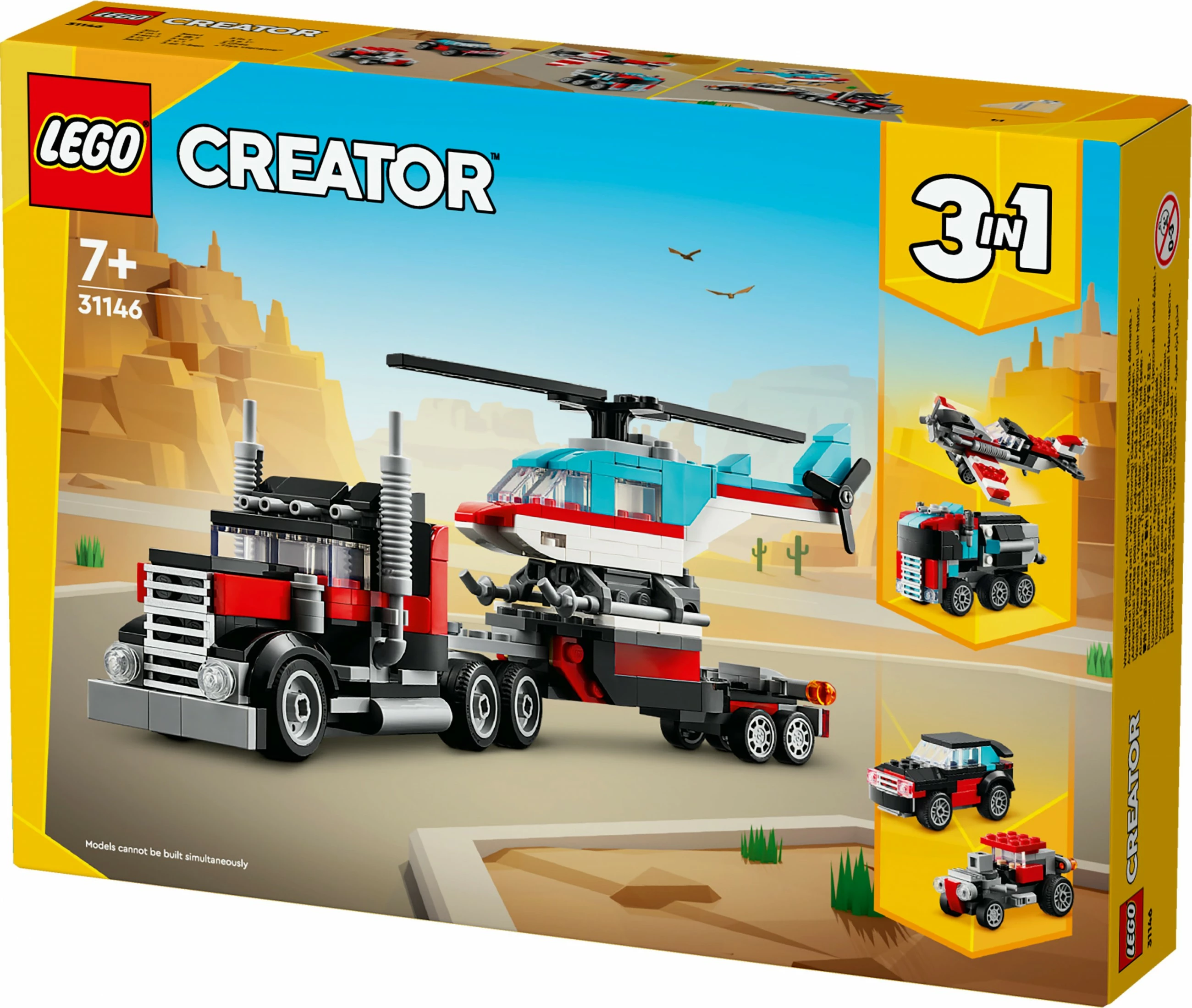 Set za gradnjo LEGO Creator 3 v 1, tovornjak s platformo in helikopter, 270 kosov, večbarven