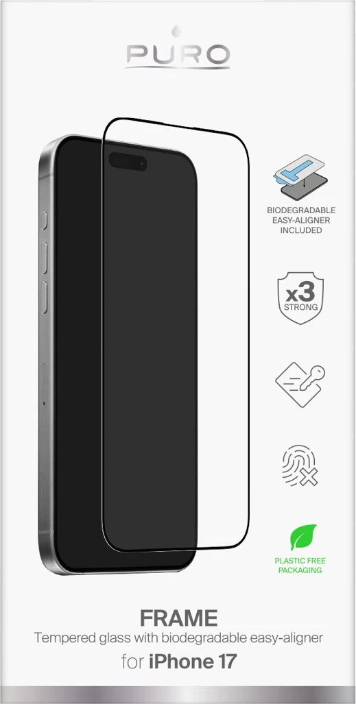 Kaljeno steklo Puro Frame za iPhone 17 z aplikatorjem, črno