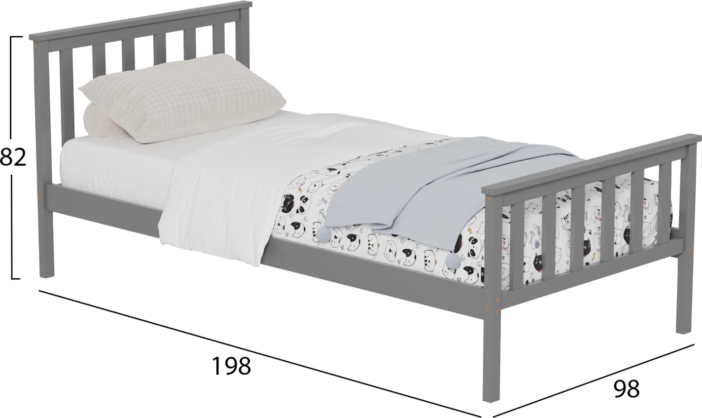 Postelja GIMLY FH675.05 iz masivnega borovega lesa v sivi barvi za vzmetnico 190x90 cm