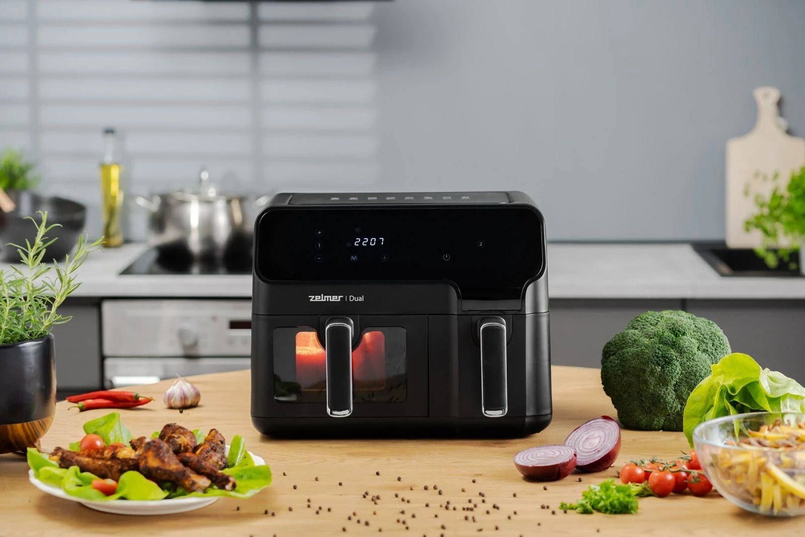 Dvojna friteza na vroč zrak, Zelmer ZAF 9000, 5,5 l + 3,5 l, 2700 W, črna