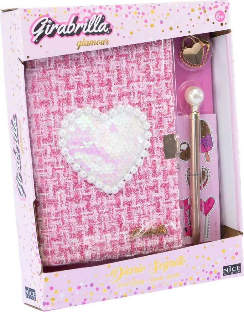 Dnevnik z velikim srcem iz bleščic, z ključavnico in pisalom, rožnat Nice Girabrilla