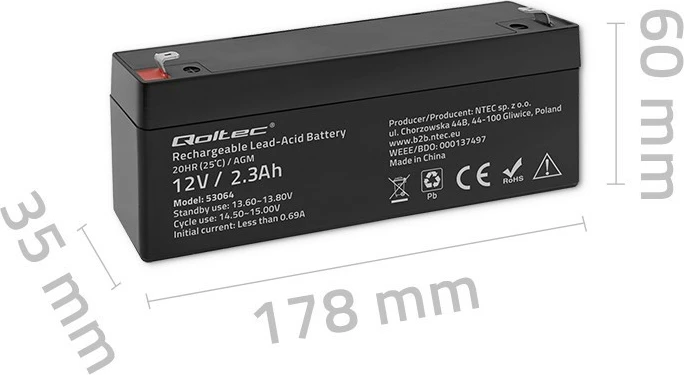 Baterija AGM Qoltec 53064, 12V, 2,3Ah, črna