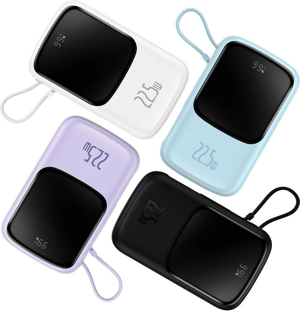 Powerbank z digitalnim zaslonom 10.000 mAh, 22,5 W, z vgrajenim USB-C kablom, Baseus Qpow, bel
