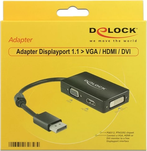 Adapter DisplayPort 0,16 m z izhodi VGA/HDMI/DVI, črn - DeLOCK