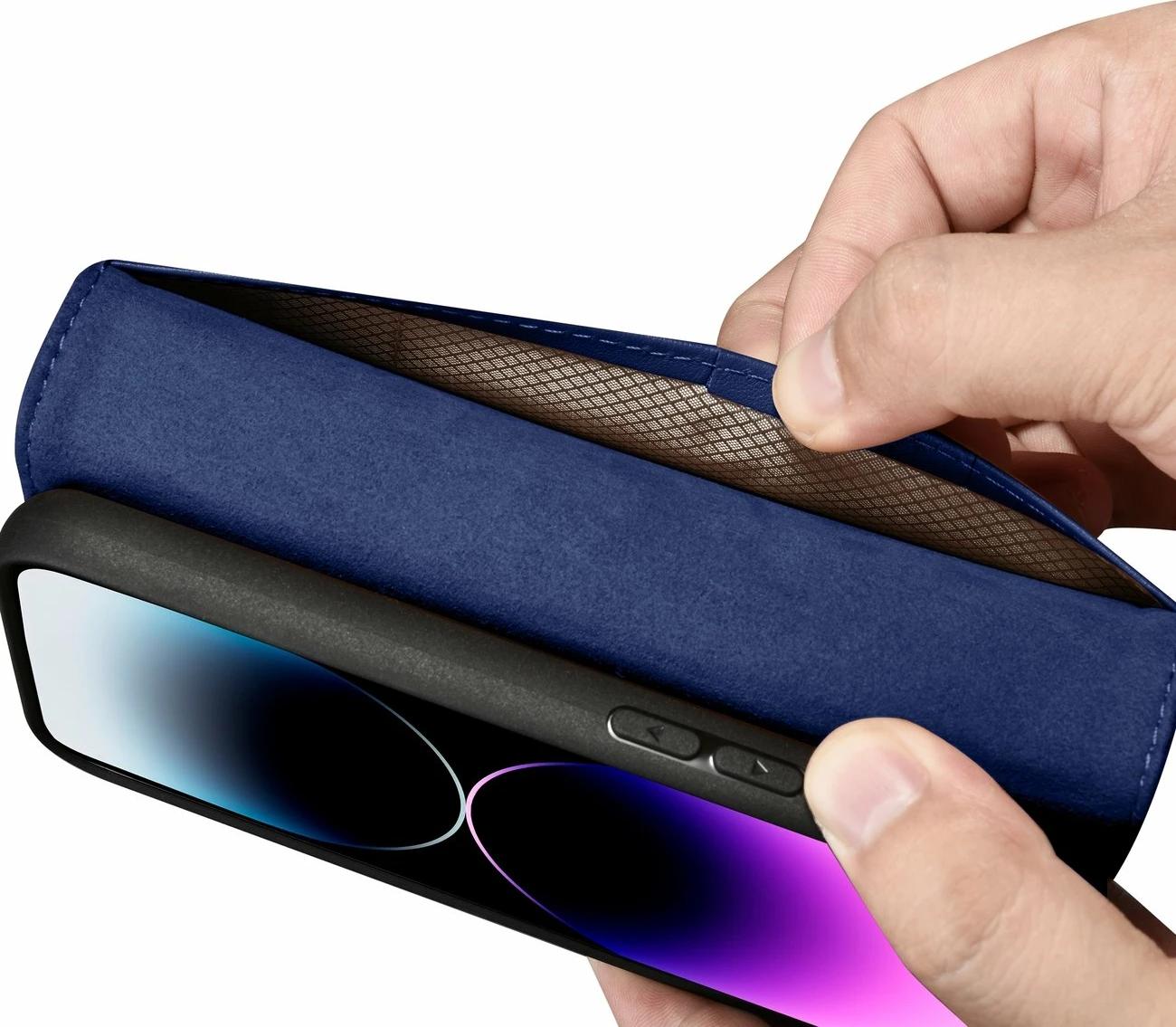 Ovitek za telefon 2-v-1 z denarnico, naravno usnje, Anti-RFID, modra, iCarer Wallet Case za iPhone 14 Pro