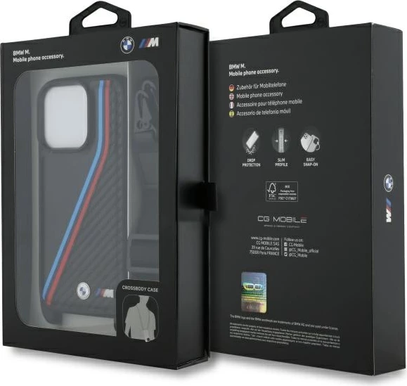 Ovitek za telefon z vgrajenim trakom, BMW M Edition Carbon Tricolor Lines, za iPhone 16 Pro, črn