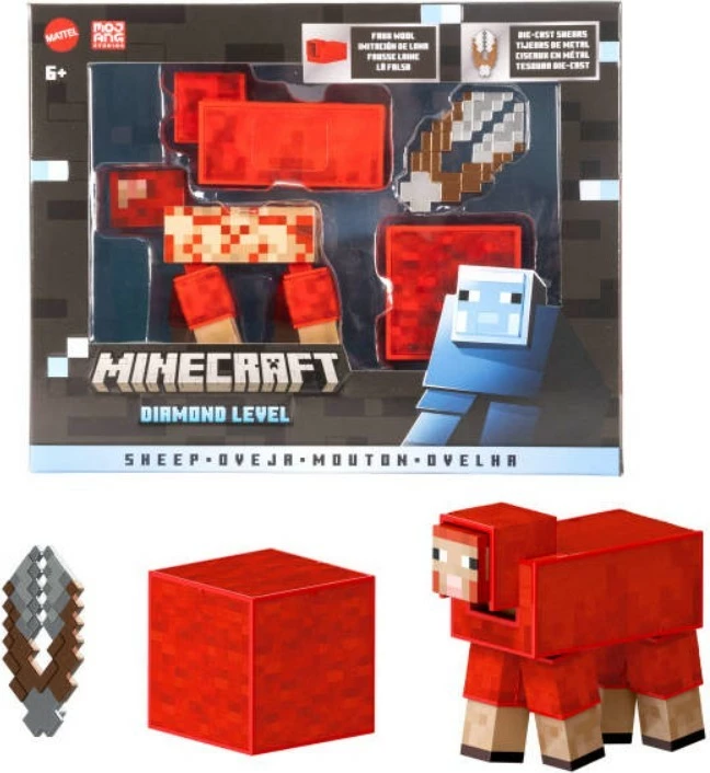 Figurica ovca Minecraft, Mattel JCV22 Diamond Level, 14 cm, set z dodatki, rdeča
