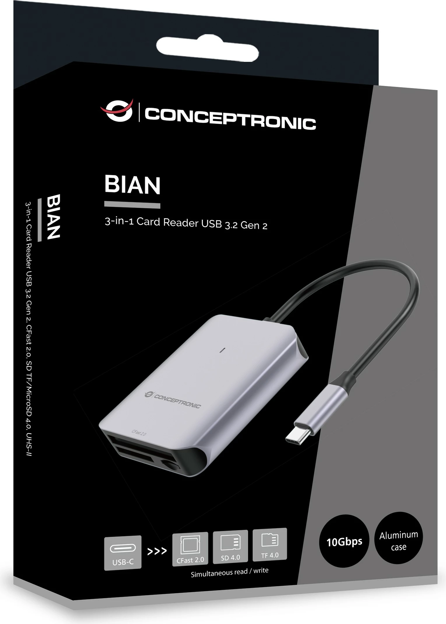Bralnik kartic USB-C 3.2, SD/TF 4.0/CFast 2.0, črn Conceptronic