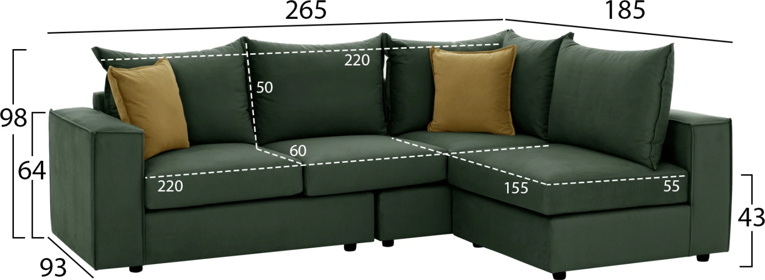 Kotna sedežna garnitura MONZA FH3256.17 zamenljiva zelena 265x195x98