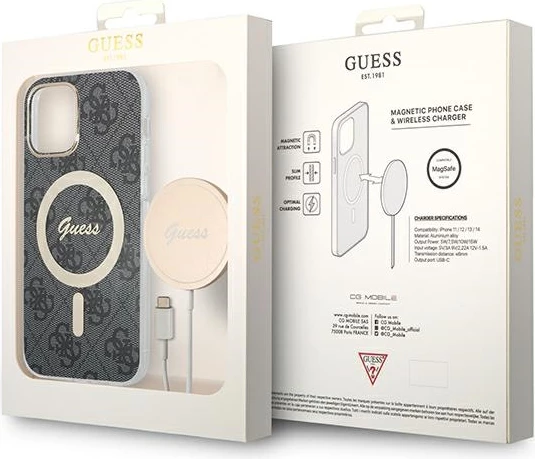 Komplet ovitek za telefon in brezžični polnilec MagSafe za iPhone 12/12 Pro, Guess GUBPP12MH4EACSK, črn