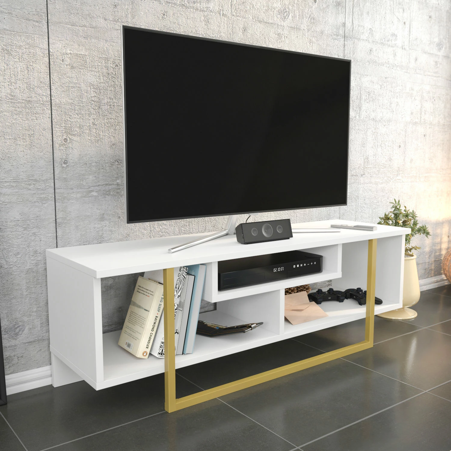 TV komoda Asal 120, zlata in bela, Hanah Home