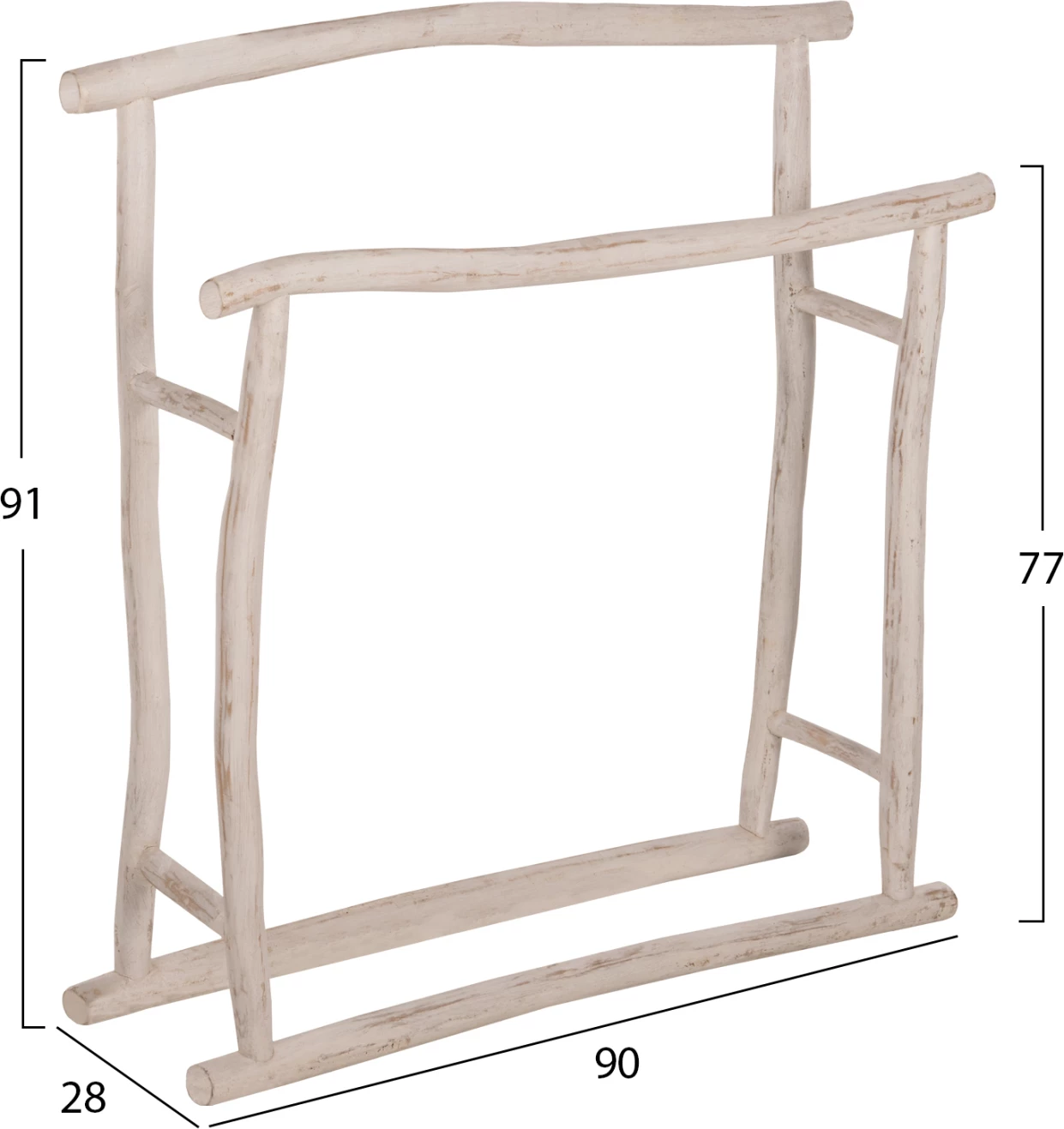 Obešalnik za brisače iz vej TEAK v beli patini 90x28x77-91Hcm