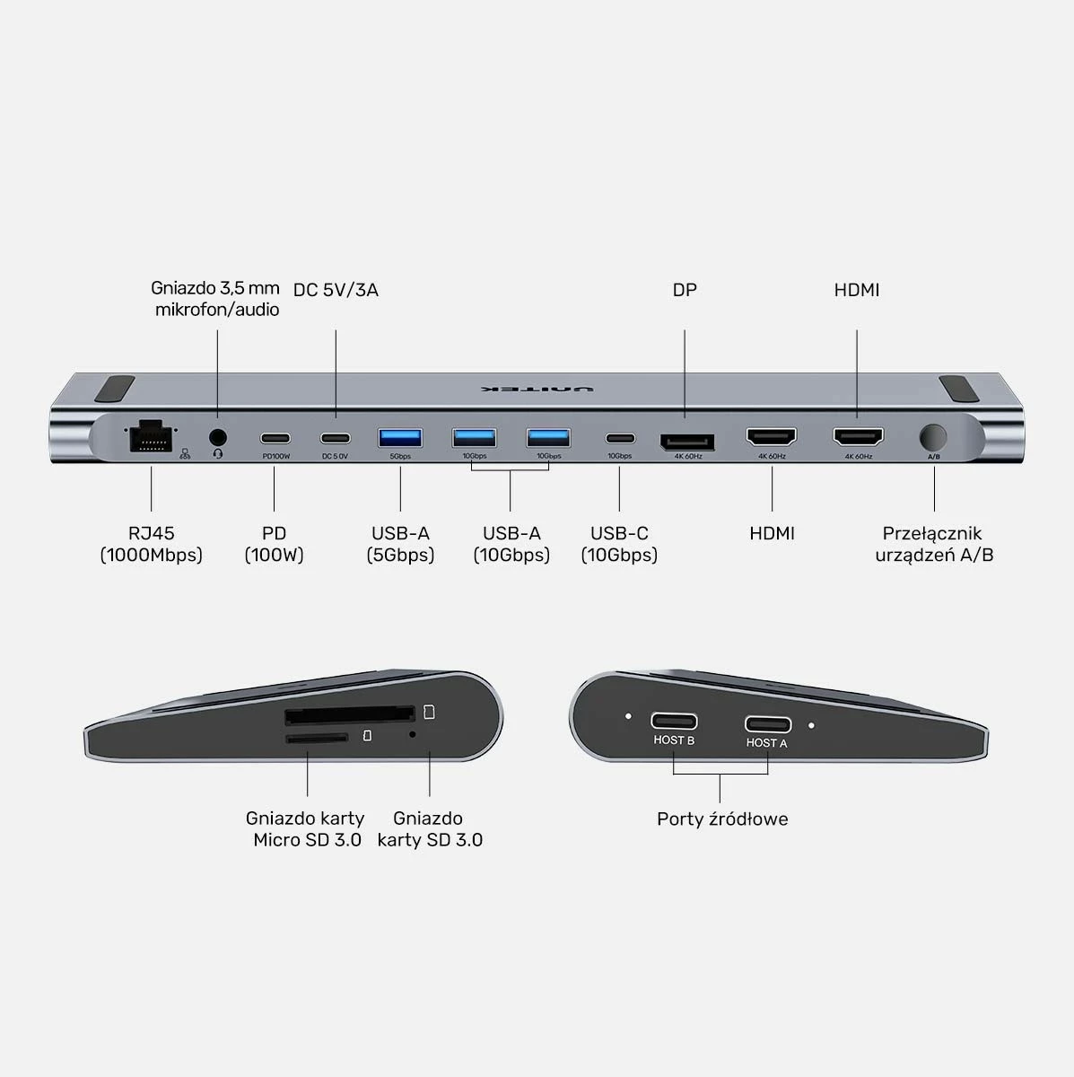 KVM stikalo Unitek, 2x HDMI 4K, 1x DisplayPort, USB-C, PD 100W, sivo