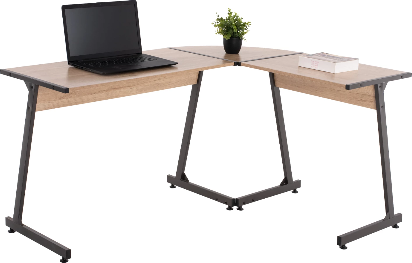 Kotna pisalna miza FH9319 temno siva kovinski okvir in MDF namizje v barvi hrasta 147X112X74Hcm