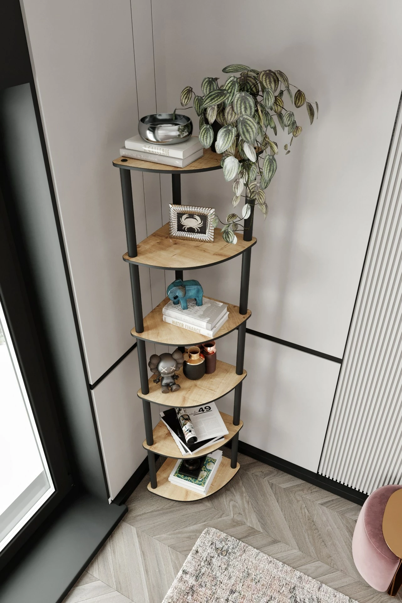 Kotna knjižna polica Skye Decor, 6 nivojev, hrast