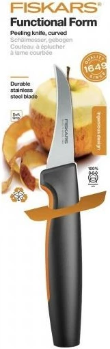 Kuhinjski nož, Fiskars Functional Form 1057545, ukrivljeno rezilo 6,8 cm, črno/oranžen