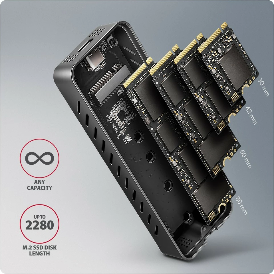 Zunanje ohišje za SSD M.2 NVMe AXAGON EEM2-20G, USB-C 3.2 Gen 2x2, 20Gbps, alumin, črno